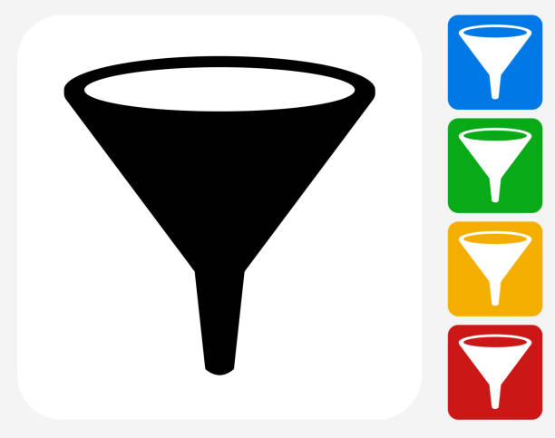 Funnel Icon Flat Graphic Design Funnel Icon. This 100% royalty free vector illustration features the main icon pictured in black inside a white square. The alternative color options in blue, green, yellow and red are on the right of the icon and are arranged in a vertical column. ship funnel stock illustrations