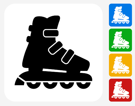 Roller Skates Icon. This 100% royalty free vector illustration features the main icon pictured in black inside a white square. The alternative color options in blue, green, yellow and red are on the right of the icon and are arranged in a vertical column.