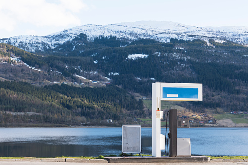 Old gas station with beautiful mountain background in voss, Norway