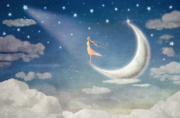 illustrazioni stock, clip art, cartoni animati e icone di tendenza di ragazza su cui ammira il cielo di notte della luna - dreams child sleeping little girls
