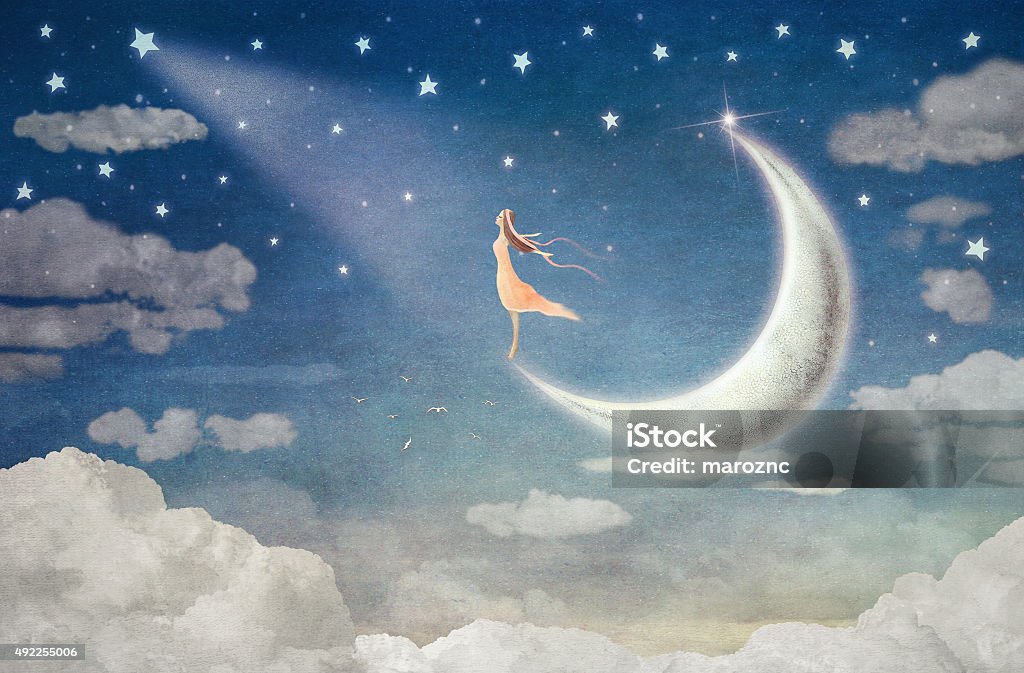 Girl on moon  admires  the night sky Girl on moon  admires  the night sky  - illustration art Moon stock illustration