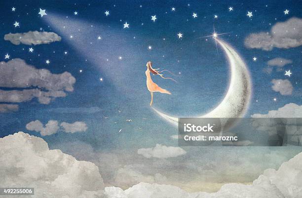 Girl On Moon Admires The Night Sky Stock Illustration - Download Image Now - Moon, Planetary Moon, Women