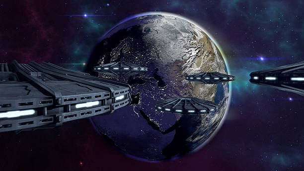 istock UFOs flying to enlightened city earth 492255166