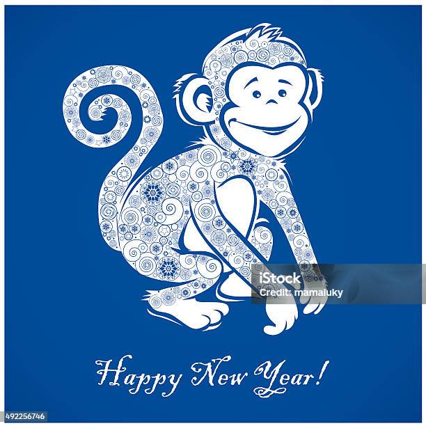 Funny Monkey On Blue Background 1 Stock Illustration - Download Image Now - 2015, 2016, Animal