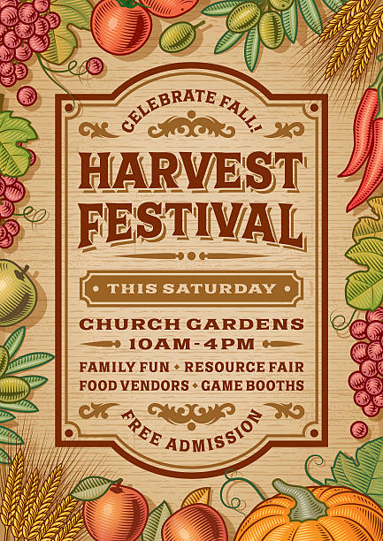 Vintage Harvest Festival Poster Vintage harvest festival poster in woodcut style. Editable EPS10 vector illustration with clipping mask and transparency. Includes high resolution JPG. chili pepper border stock illustrations