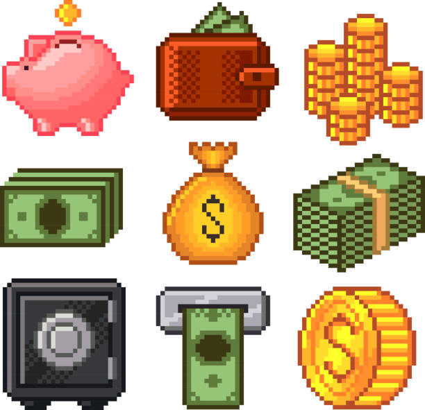 pixel geld icons, vektor-set - piggy bank savings coin bank investment stock-grafiken, -clipart, -cartoons und -symbole