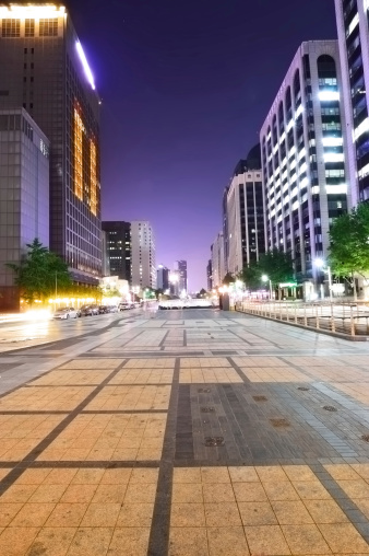 Cityscape of Seoul at Cheonggyecheon at night, a tourist attraction, a place to relax and cultural space in Seoul, South Korea