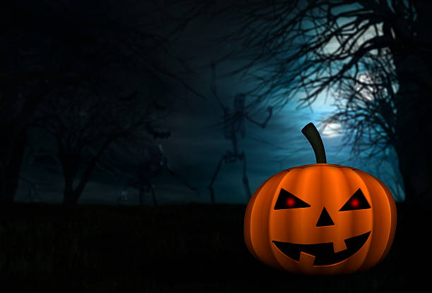 istock Halloween background with skeletons and pumpkin 492259892