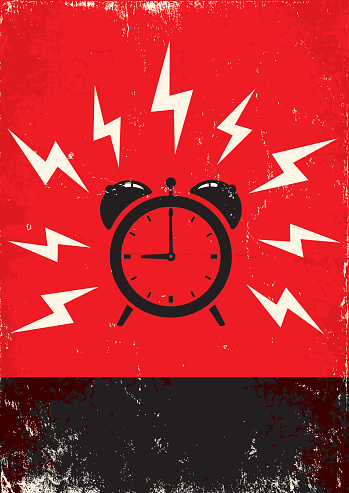 Red and black poster of alarm clock ringing