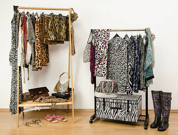 Dressing closet with animal print clothes arranged on hangers. stock photo