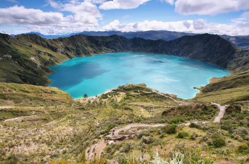Amazing view of  lake of the Quilotoa caldera. Quilotoa is the western volcano in Andes range and is located in andean region of Ecuador.