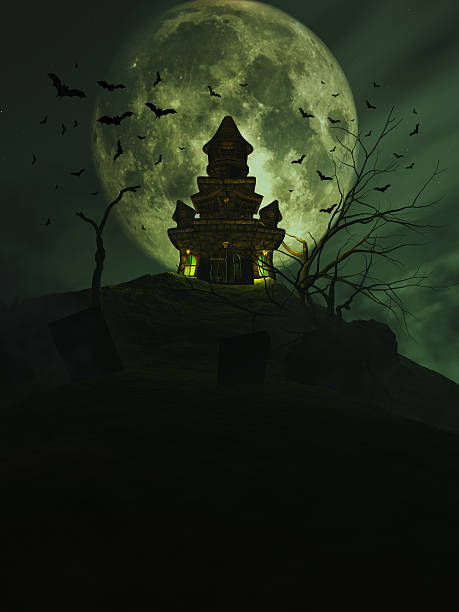 istock 3D Halloween castle with bats in the sky 492262860
