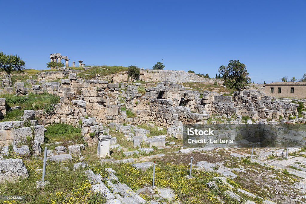 Main Agora of ancient Corinth, Peloponnese, Greece Corinth, or Korinth was a city-state (polis) on the Isthmus of Corinth, the narrow stretch of land that joins the Peloponnesus to the mainland of Greece, roughly halfway between Athens and Sparta. Ancient Stock Photo