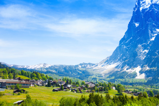 Countryside with houses and trees in front of Swiss mountains in Grindelwald,