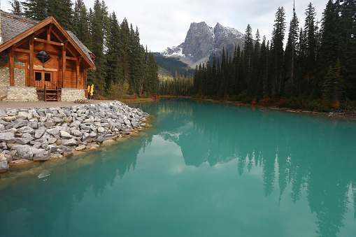 Autumn afternoon at Emerald Lake in Yoho National Park, British Columbia, Canada. Emerald Lake is a major tourism destination in the Canadian Rockies.