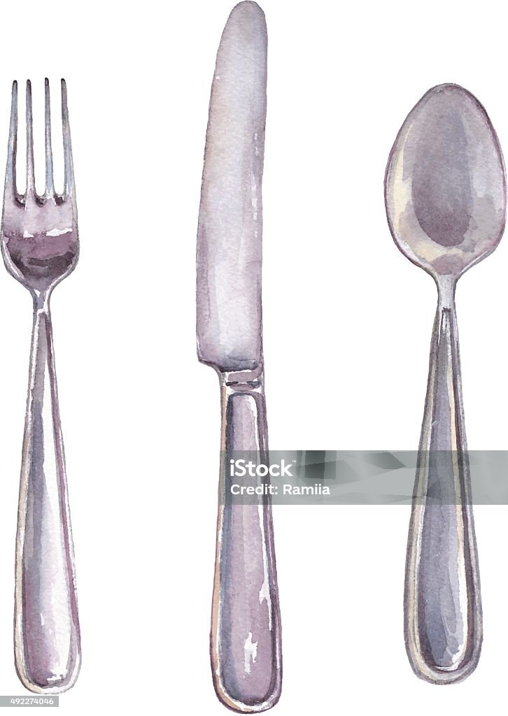 cutlery Fork, spoon and knife isolated on white. Hand drawn watercolor vector illustration. Watercolor Painting stock vector