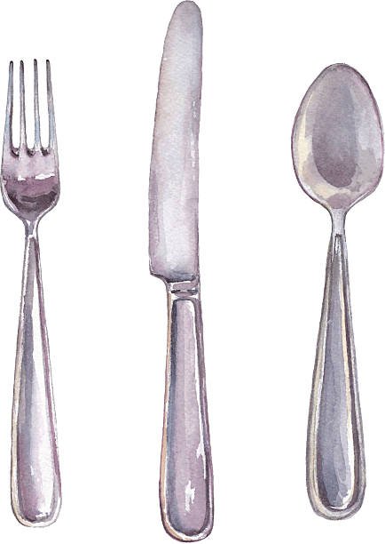 cutlery Fork, spoon and knife isolated on white. Hand drawn watercolor vector illustration. eating utensil illustrations stock illustrations