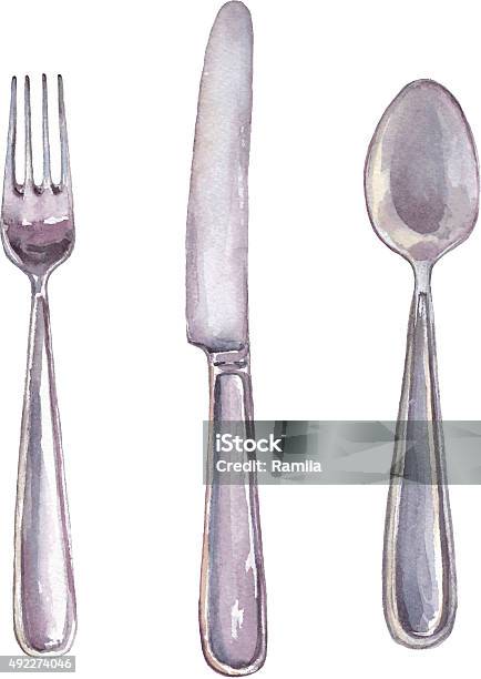 Cutlery Stock Illustration - Download Image Now - Watercolor Painting, Fork, Silverware