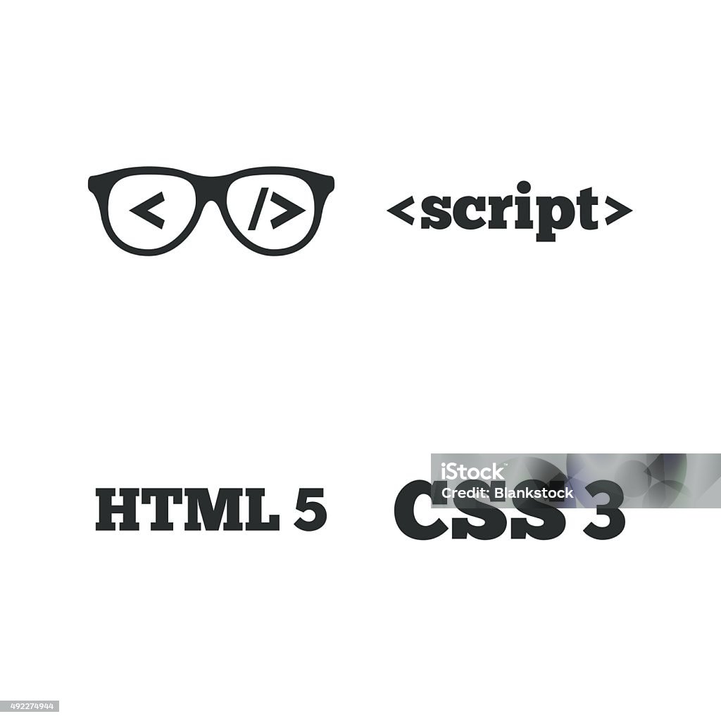 Programmer coder glasses. HTML markup language Programmer coder glasses icon. HTML5 markup language and CSS3 cascading style sheets sign symbols. Flat icons on white. Vector 2015 stock vector