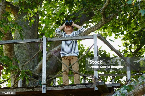 Boy Using Binoculars On Treehouse Stock Photo - Download Image Now - Tree House, Child, Binoculars