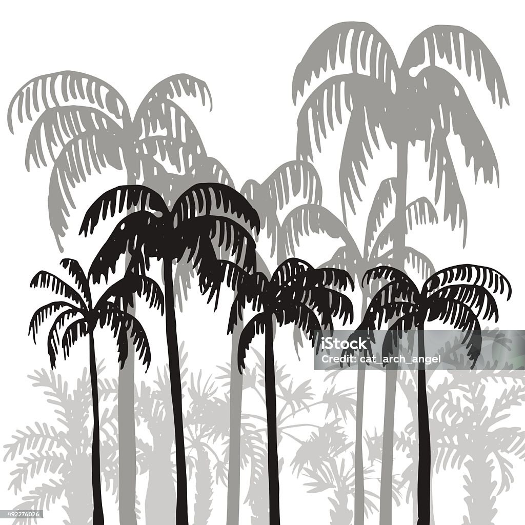 rain forest, palm tree silhouettes tropical forest, rain forest, jungle, vintage template, palm tree silhouettes at white background, exotic trees, hand drawn vector illustration Black And White stock vector