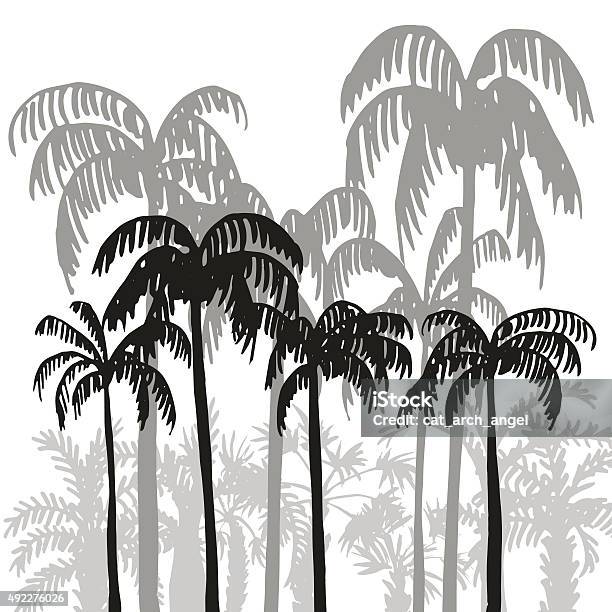 Rain Forest Palm Tree Silhouettes Stock Illustration - Download Image Now - Black And White, Landscape - Scenery, Sketch