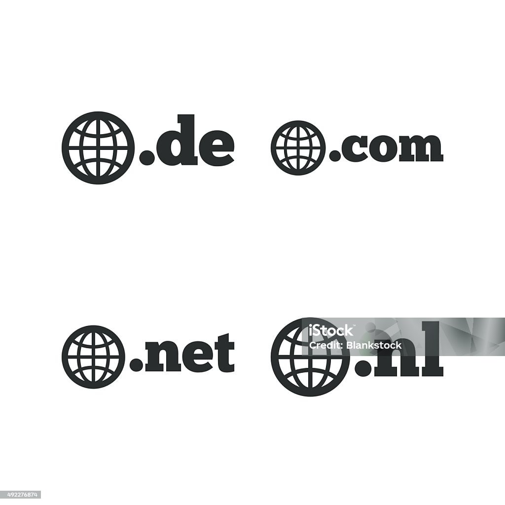 Top-level domains signs. De, Com, Net and Nl Top-level internet domain icons. De, Com, Net and Nl symbols with globe. Unique national DNS names. Flat icons on white. Vector .com stock vector