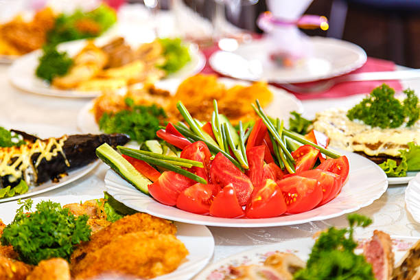 Salads and dishes on the banquet table