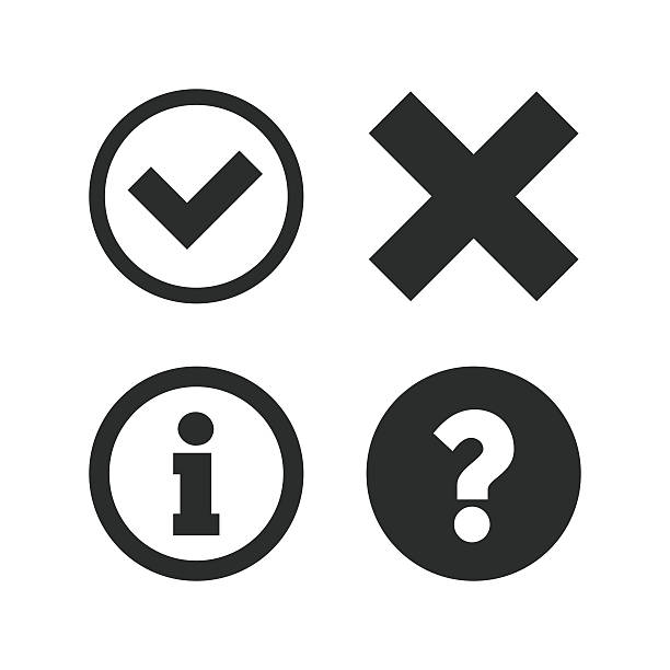 Information icons. Question FAQ symbol Information icons. Delete and question FAQ mark signs. Approved check mark symbol. Flat icons on white. Vector information sign stock illustrations