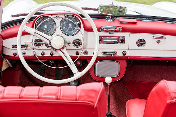 Interior of Old Car dashboard and steering wheel of a vintage convertible car dashboard close up speedometer odometer stock pictures, royalty-free photos & images