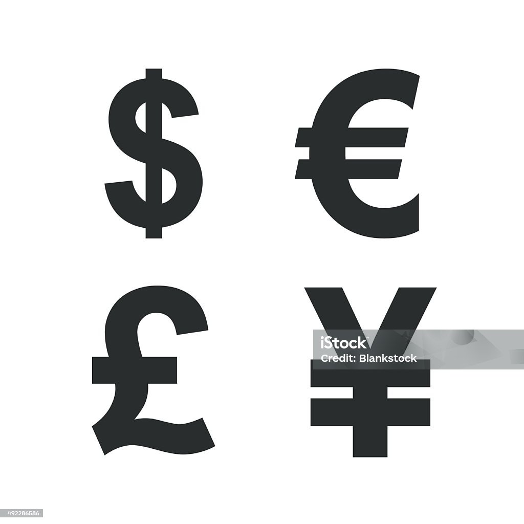 Dollar, Euro, Pound and Yen currency icons Dollar, Euro, Pound and Yen currency icons. USD, EUR, GBP and JPY money sign symbols. Flat icons on white. Vector Currency Symbol stock vector