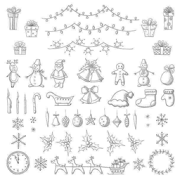 一連のクリスマスと新年のスケッチ風の要素 - christmas candle wreath backgrounds点のイラスト素材／クリップアート素材／マンガ素材／アイコン素材