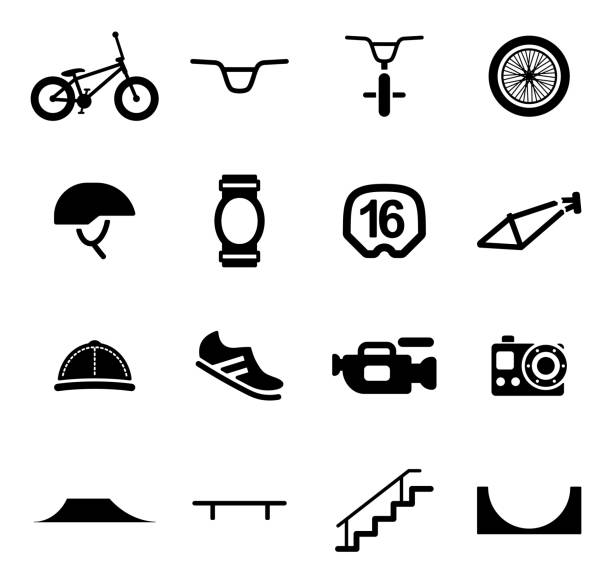 ilustrações de stock, clip art, desenhos animados e ícones de ícones de bmx - bmx cycling bicycle street jumping