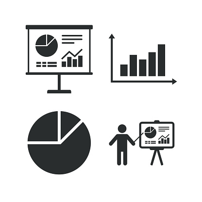 Diagram graph Pie chart icon. Presentation billboard symbol. Supply and demand. Man standing with pointer. Flat icons on white. Vector