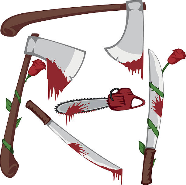 Bloody set of weapons Variations of bloody axes, machetes and a chainsaw clip art of a dead rose stock illustrations