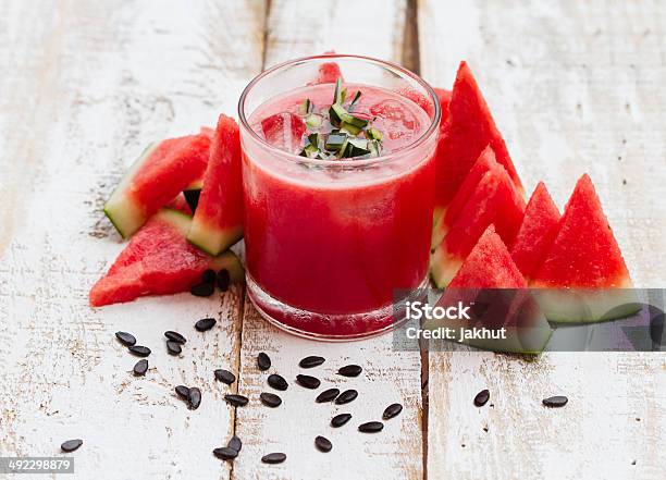 Watermelon Smoothie On Old White Wooden Floor Stock Photo - Download Image Now - Backgrounds, Cocktail, Drink