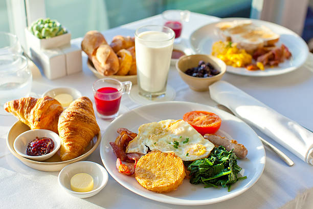 delicious breakfast delicious breakfast for two at the luxury hotel bed breakfast pictures stock pictures, royalty-free photos & images