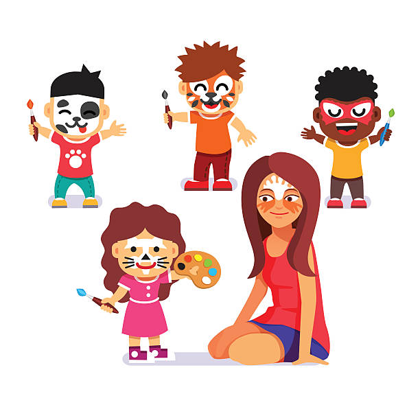 Face painting party. Kids drawing characters Face painting party. Kids with brushes playing with teacher and drawing characters. Paint no more. Flat style cartoon vector illustration isolated on white background. cat face paint stock illustrations