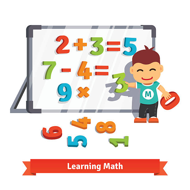 Boy learning math Boy learns math doing addition, subtraction and multiplication with plastic numbers on a magnet board. Flat style cartoon vector illustration isolated on white background. number magnet stock illustrations