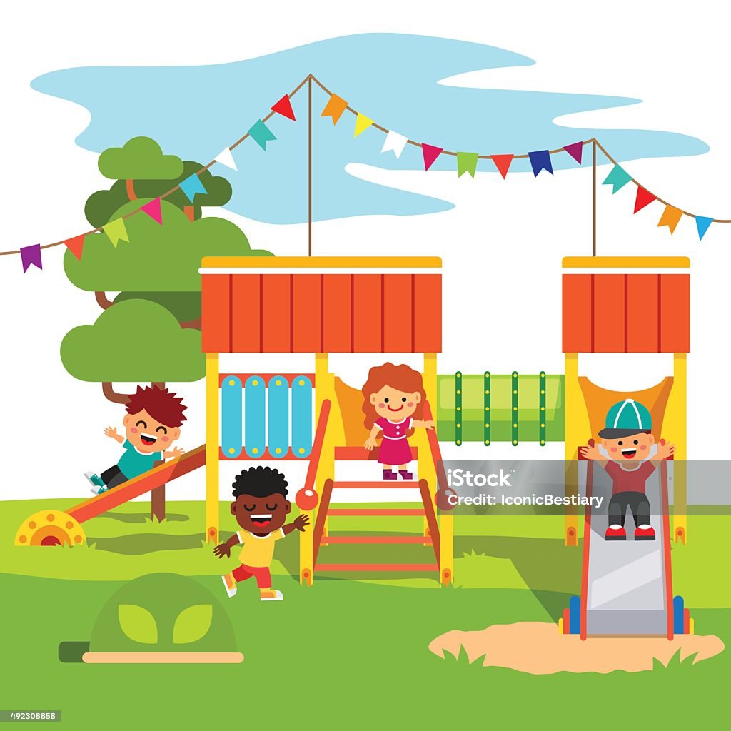 유치원 공원 미끄러지다 어린이 놀이터 교정에 대한 스톡 벡터 아트 및 기타 이미지 - 교정, 벡터, 운동장 - Istock