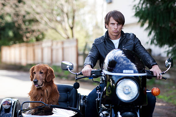 Handsome Motorcyclist with His Dog in the Side Car Handsome guy riding his motorcycle with his dog in the side car. sidecar stock pictures, royalty-free photos & images