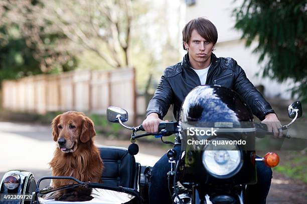 Handsome Motorcyclist With His Dog In The Side Car Stock Photo - Download Image Now - Sidecar, Dog, Motorcycle