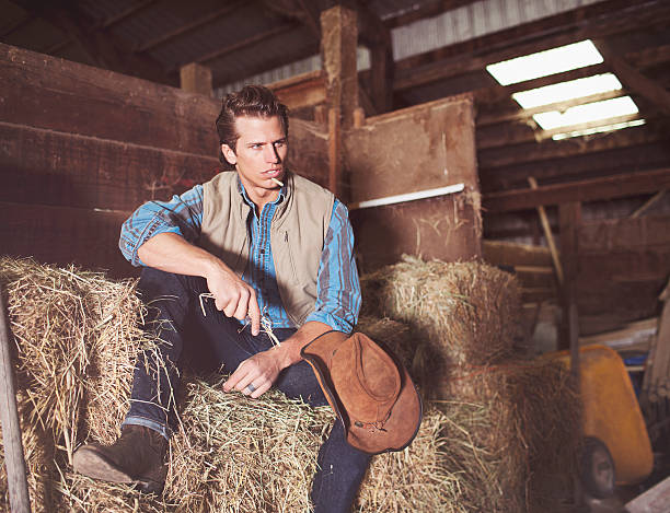 istock Cowboy Sitting in the Barn on Top of Hay Stack 492310770