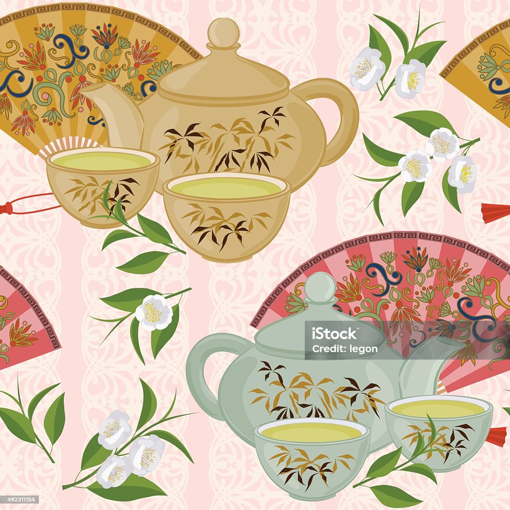 Repeat Pattern Tea Repeating Pattern With Teapot Cups And Oriental Fans Stock Illustration ...