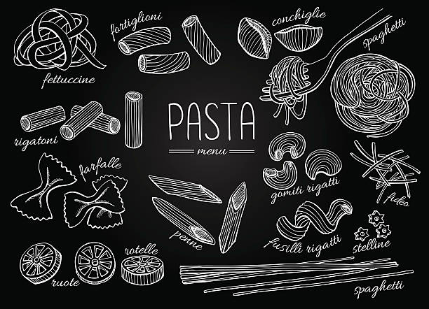 illustrations, cliparts, dessins animés et icônes de vecteur main tirées des pâtes à la carte. vintage art illustr chalkborad ligne - vector illustration and painting food cooking