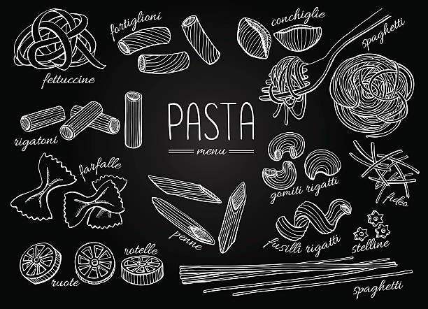 wektor rękę wyciągnąć makaron menu. vintage chalkborad line art illust - vector illustration and painting food cooking stock illustrations