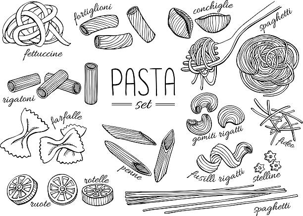 illustrazioni stock, clip art, cartoni animati e icone di tendenza di set vettoriale di pasta a mano libera. linea vintage illustrazione artistica - pasta