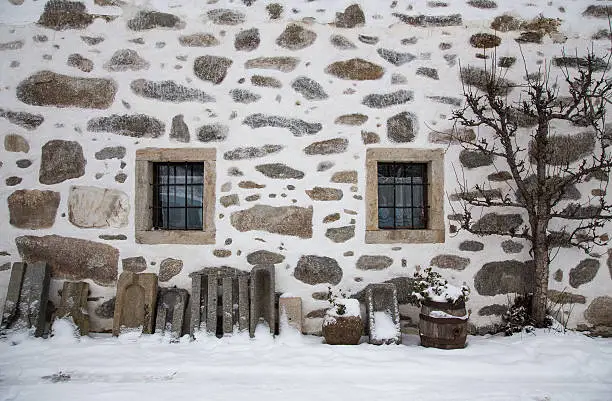 Exterior wall of a farmhouse with tree and stone troughs in winter.