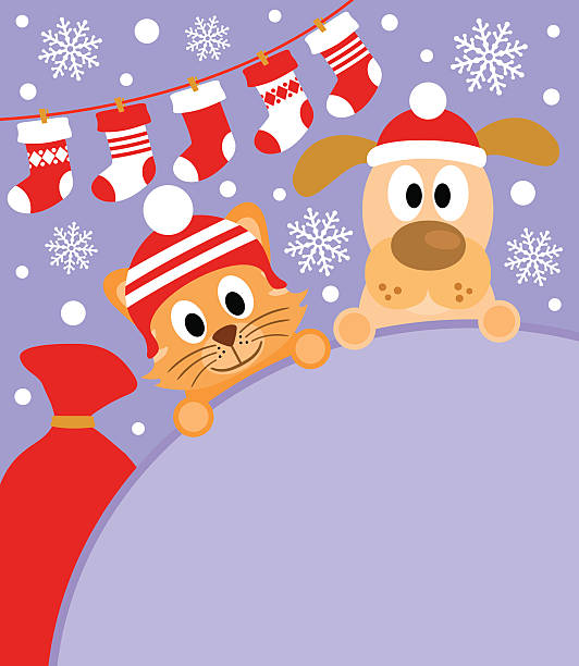 ilustrações, clipart, desenhos animados e ícones de ano novo fundo com gato e cachorro - tube socks