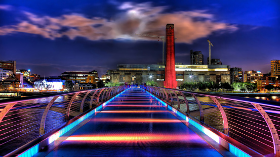 HDR long exposure across the Millennium Bridge of the Tate Modern at night. 